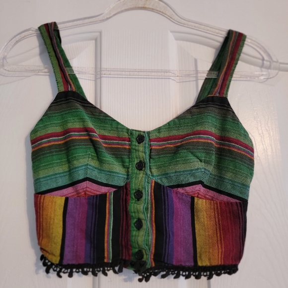 Mimi Chica Tops - Mimi Chica Green Purple Multicolor Striped Cropped Tank with Fringe